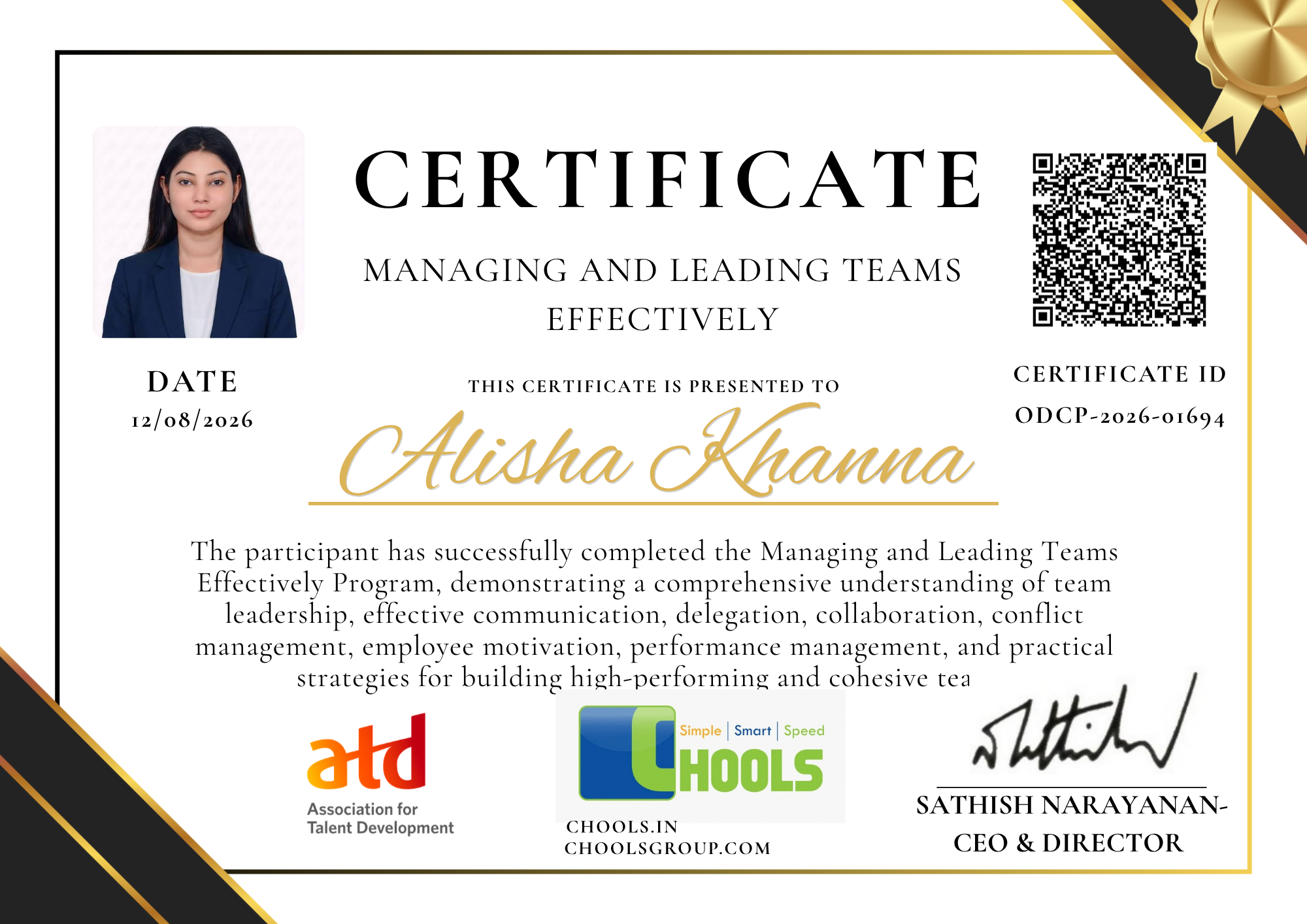 Managing and Leading Teams Effectively Program Certificate